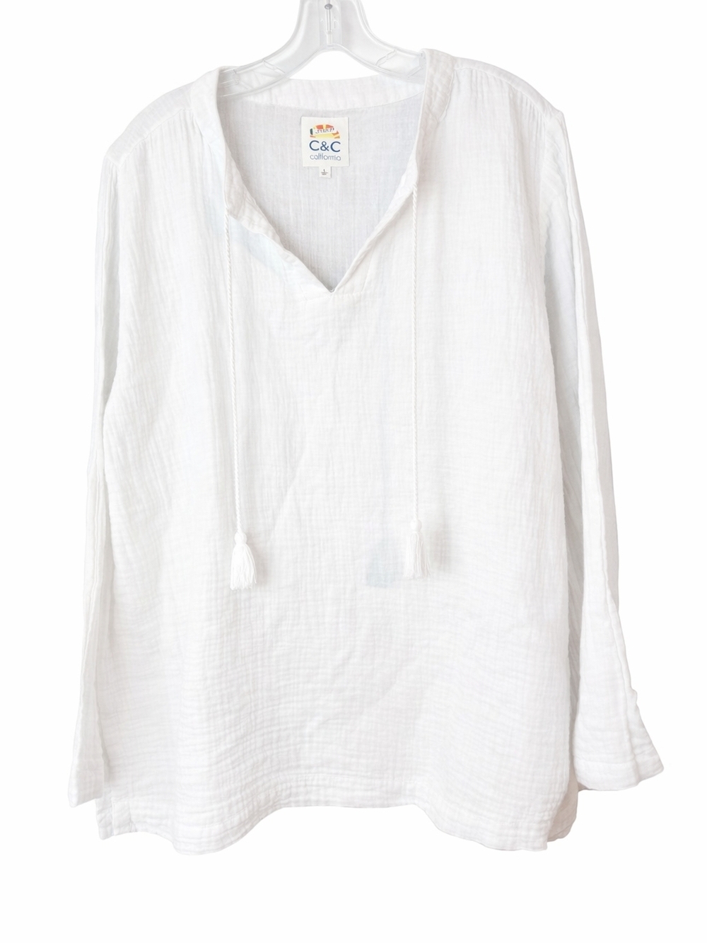 C&C California White Gauze Cotton Blouse Tassel Tie Boho Coastal Size Large